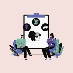consultation with a psychotherapist. a sweet girl cries and tells her feelings to a man doctor sitting in a chair and attentively listens a woman.Flat lineart style vector illustration.