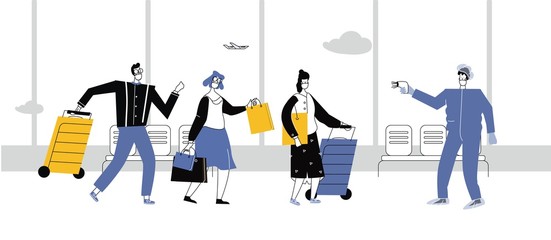 Medical worker,Employee of the sanitary quarantine station an unsanitary suit checks the temperature of arrivals at the airport.Novel coronavirus (2019-nCoV),male and female.Flat style illustration