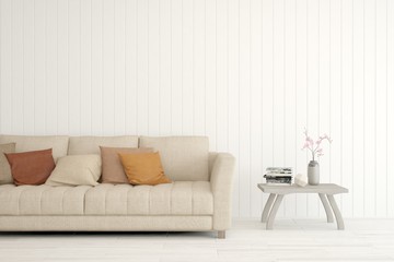 White living room with sofa. Scandinavian interior design. 3D illustration