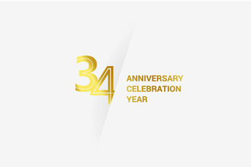 34 year Luxury Golden anniversary, minimalist logo. jubilee, greeting card. Birthday invitation. year sign. Gold space vector illustration on white grey - Vector