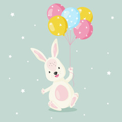 White cartoon bunny with balloons, for kid's or baby's t shirt design, fashion print,  graphic, kids wear.