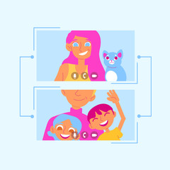Keep in touch (flat vector line banner, poster). Girl with a cat has a video call with her family