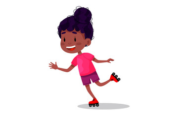 Roller skating girl vector cartoon illustration. Happy kid walking on rollers. Summer holidays outdoor activities for children. Vector illustration on white isolated background.