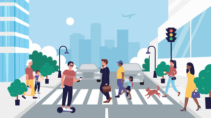 People crossing road vector illustration. Cartoon flat pedestrian character walking on zebra roadway crosswalk at traffic light, businessman, segway driver, mother and kid cross city street background