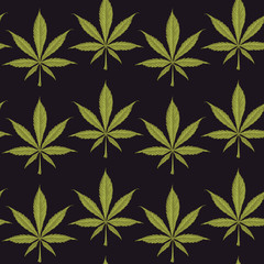 Vector seamless pattern for legalized marijuana with green hemp leaves on a black backdrop. Decorative repeatable background with hand-drawn cannabis leaves in retro style