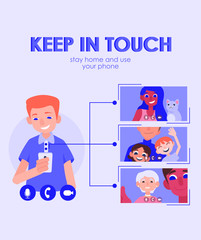 Keep in touch (flat vector banner, poster). Man has video call with his family and friends.