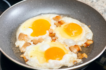 Fried eggs with bacon in a pan