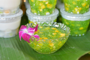 Tapioca pearls and corn in coconut milk. Thai traditional dessert.