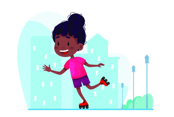 Roller skating girl vector cartoon illustration. Happy kid walking on rollers. Summer holidays outdoor activities for children. Vector illustration on white isolated background.