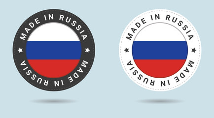 Set of two Russian stickers. Made in Russia. Simple icons with flags.