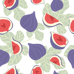 Fig vector seamless pattern. The whole exotic fruit, fig leaf, cut figs, half and quarter. Purple, red, green colors. Repeated background for textile design, printed and web products.