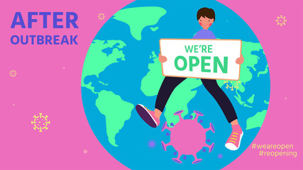 Young man cartoon character hold open sign.