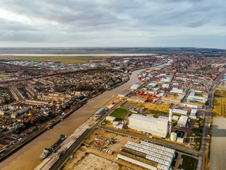 Aerial view of industrial sea side town