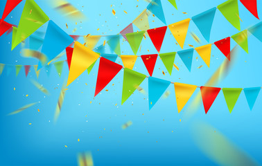 Blue background with flags, sparkling confetti. Vector illustration. Ads banner template.