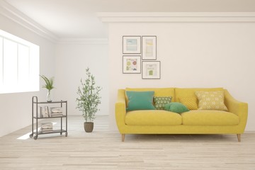 White living room with sofa. Scandinavian interior design. 3D illustration