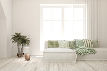 White living room with sofa. Scandinavian interior design. 3D illustration