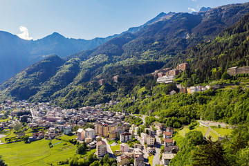 Fototapeta na wymiar Aerial view of the city of Sondalo in Valtellina, Italy
