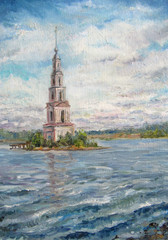 Tower in Kalyazin, summer day, Volga river, oil painting