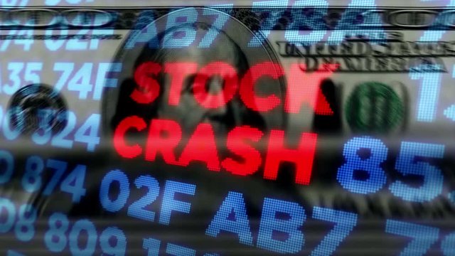 Recession, crisis, stock markets down, financial stagnation, global business decline, crash and economic collapse. Concept 3d loopable and seamless animation with Dollar money count in background.