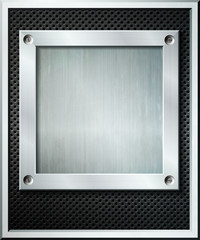 Square metal frame on the dark perforated background.
