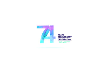 74 years anniversary celebration logotype. anniversary logo with watercolor purple and blue isolated on white background, vector design for celebration, invitation card, and greeting card-vector