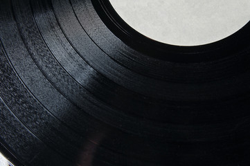 Segment of vinyl record with label showing the texture of the grooves, retro look