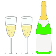 A bottle of champagne and a glass of champagne. Isolated vector image on a white background 