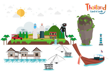 Tropical island. Travel to southern Thailand. Vector illustration