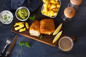 Traditional fish and chips with mushy peas. View from above, top view