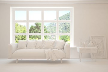 White living room with sofa and summer landscape in window. Scandinavian interior design. 3D illustration