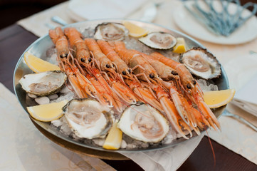 Oysters, lobsters and lemon in ice lie on a metal plate in the background of the table.