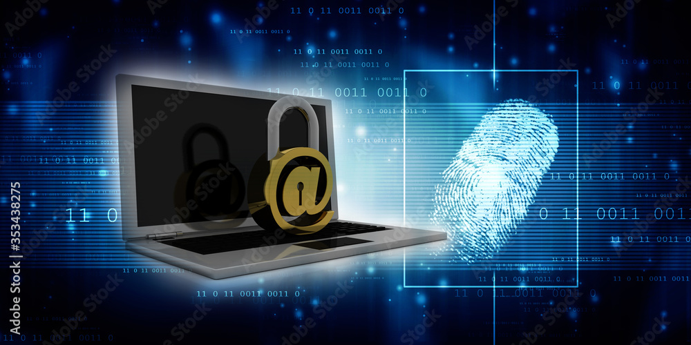 Poster 3d rendering e-mail symbol with lock in laptop. internet security concept