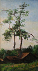 Two pine trees in the country in summer, oil painting
