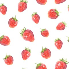 Watercolor strawberry seamless pattern on the white background. 