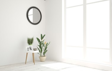 White empty room with table and home plant. Scandinavian interior design. 3D illustration