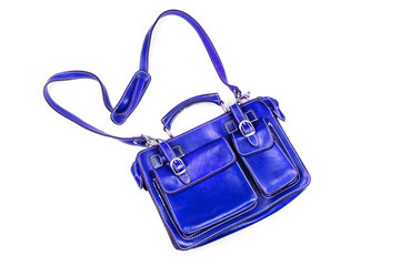 Blue women's leather bag rectangular shape with a long handle over the shoulder.
