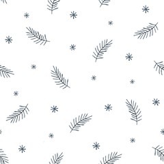 Christmas watercolor illustration. blue spruce branches and snowflakes on a white background. New Year seamless pattern for use in print and design.