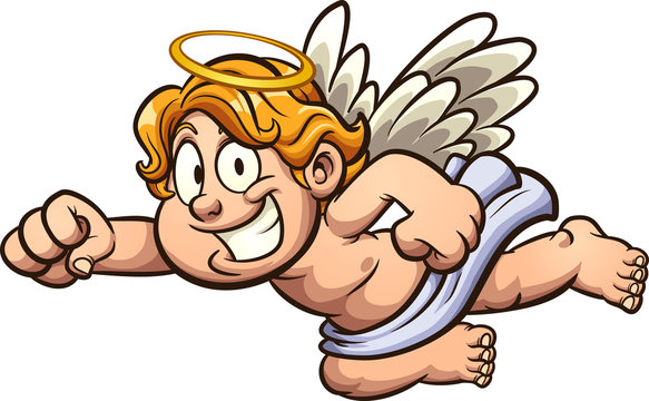 Flying cartoon blond cherub with big smile. Vector cartoon clip art illustration with simple gradients. All on a single layer.