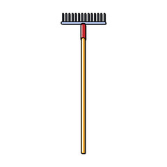 Construction yellow and red icon of an agricultural rake by a wooden handle intended for cleaning leaves. Construction tool. Vector