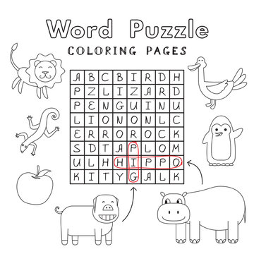 Funny Animals Coloring Book Word Puzzle