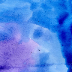 Watercolor illustration. Texture. Watercolor transparent stain. Blur, spray. Violet and blue.