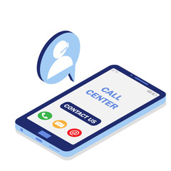 Messenger on the phone with a call center. Help online. Online service. Vector isometric illustration. Blue color.