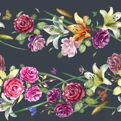 Foto op Plexiglas Watercolor illustration, pattern. Flowers roses, peonies, lilies on a gray background. Spring summer motive. © Margosoleil