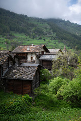 Alpine chalet and green meadow.