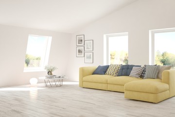 White living room with sofa. Scandinavian interior design. 3D illustration