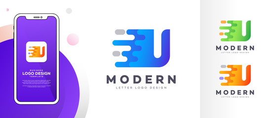 Letter U liquid abstract geometric logo design illustration. Fluid gradient elements. Mobile app UI style mock-up. Futuristic trendy dynamic company business logo design. Vector EPS template