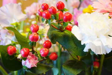 春の花　赤やピンクの花、白い花や赤い実
