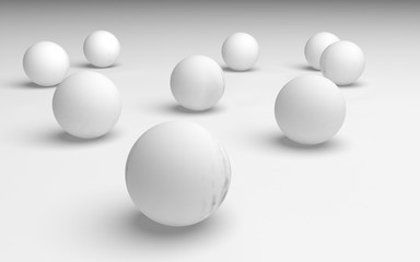 White abstract background. Set of white balls isolated on white backdrop. 3D illustration