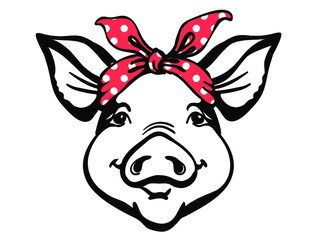 Pig head with red bandana. Farm animal. Vector graphic illustration isolated on white. Pig portrait printable file