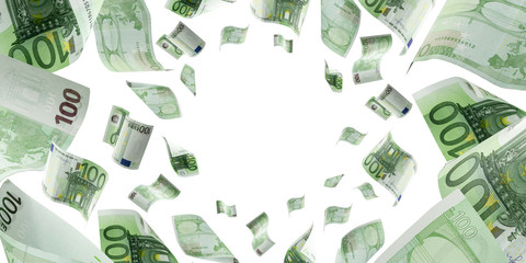 Euro banknote isolated falling background. European money bill. Business cash